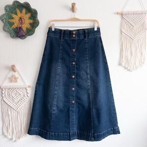 Indigo Poppy Denim Jean Casual Button-Front Midi A-Line Skirt Size 8